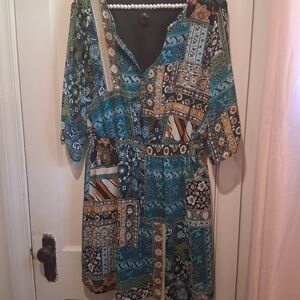 Enfocus Studio Teal and Black Patchwork Midi Dress